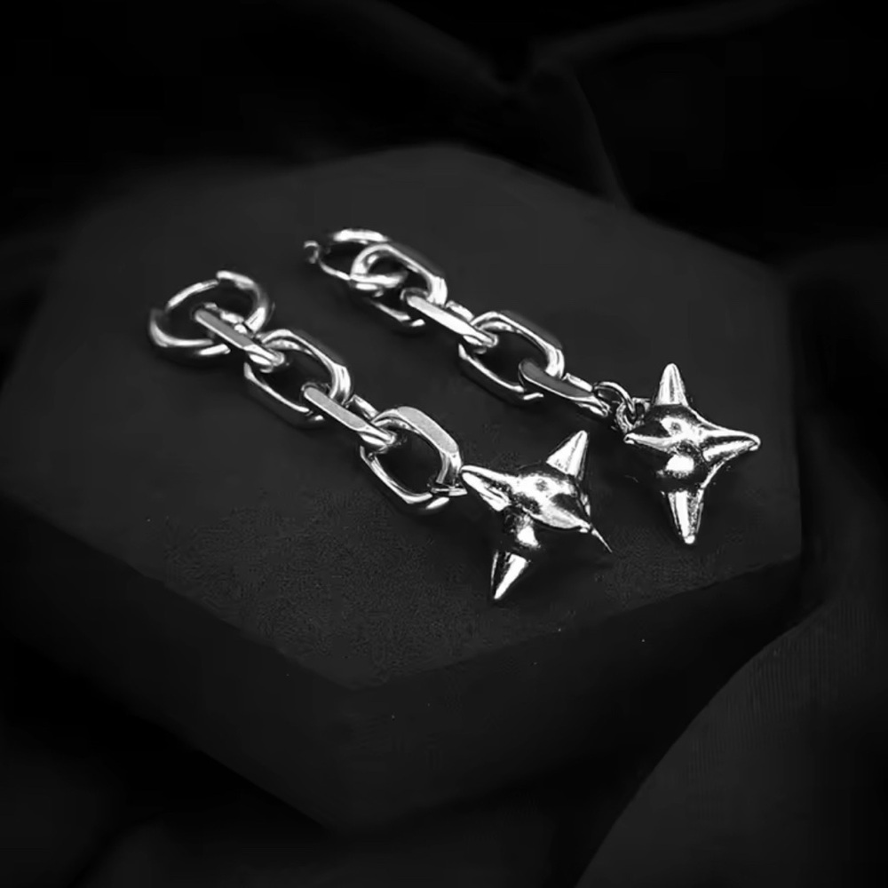 925 Sterling Silver Punk Morning Star Spiked Ball On Chunky Chain Earrings - Picture 5 of 6